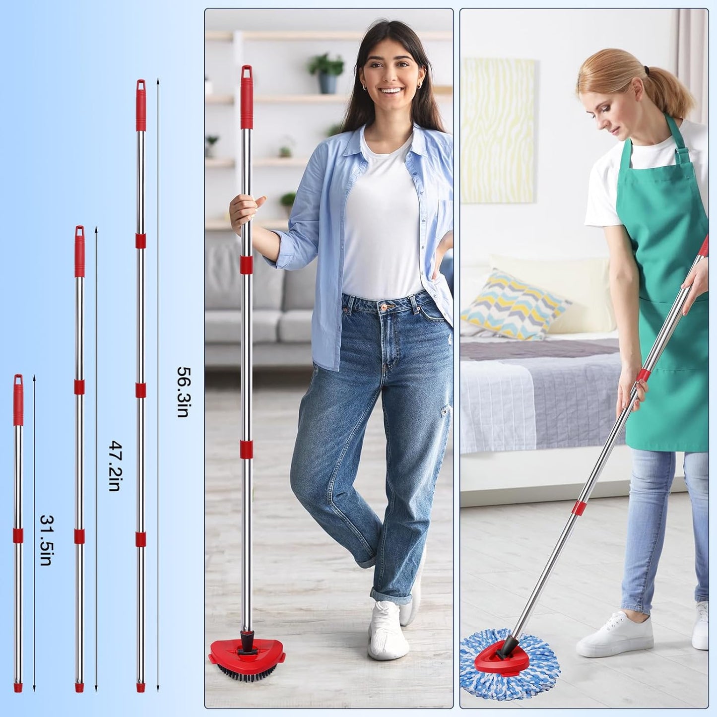 Mop Heads Replacements Complete Combo Set for O-Ceda,4 Pcs Machine Washable Microfiber Spin Mop Refills Replace Heads,1Scrub Brushs,1Base,1 Set Handle,Spin Replacements for Tub and Tile Cleaning