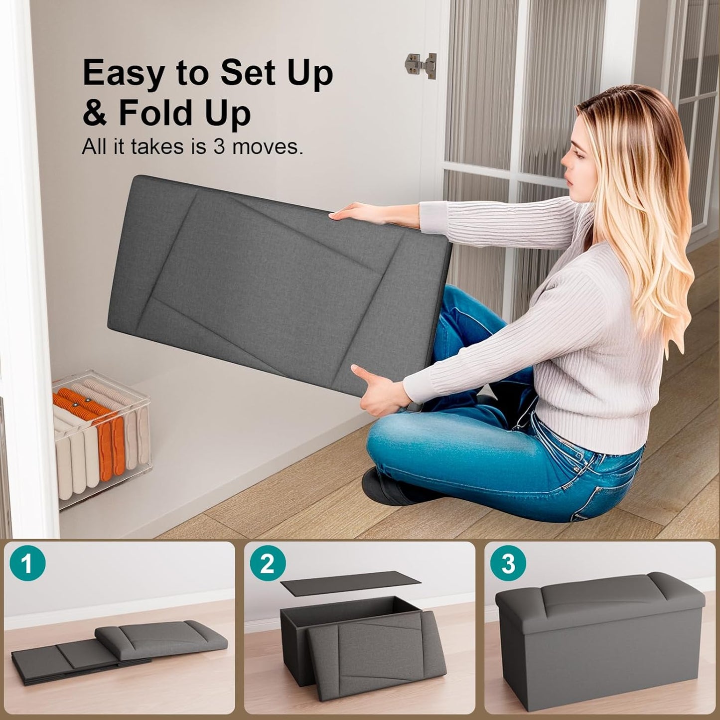 Folding Storage Ottoman Bench, 30 Inches End of Bed Bench Folding Ottoman Storage for Bedroom, Entryway and Living Room, 30"x15"x15",Dark Gray