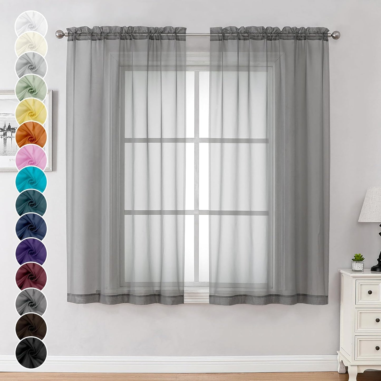 Chyhomenyc Sheer Window Curtains 63 inch Length 2 PCS- Rod Pocket Living Room Curtain Panels Voile Textured Soft and Lightweight Window Treatments for Bedroom Decor, 42W x 63L Inches, Charcoal Grey