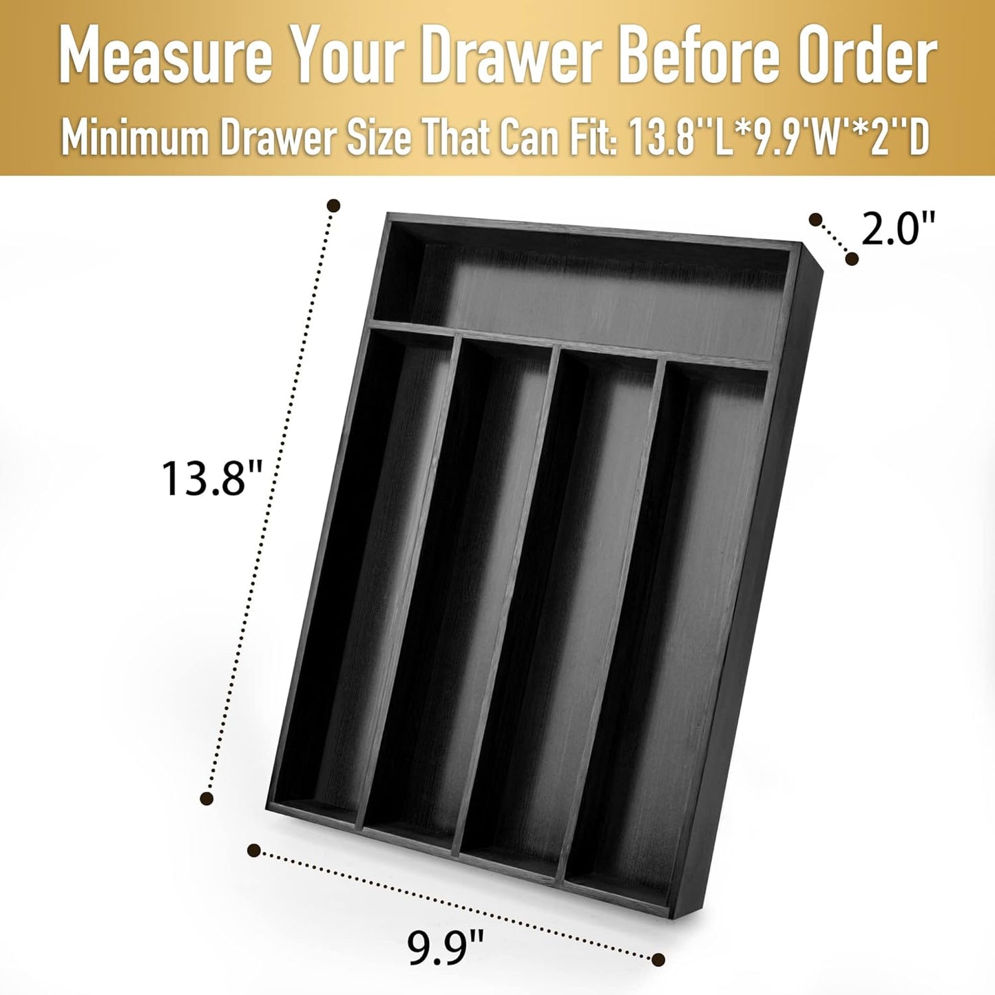 Bamboo Silverware Holder - Drawer Organizer with 5 Slots (Black)