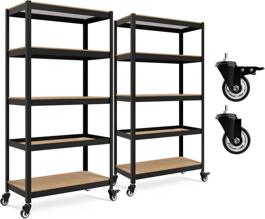 HOMEDANT House 5-Tier Metal Rolling Cart Shelf Rack Casters Heavy Duty Laminated Wheel Shelving Unit Adjustable Utility Storage Shelves Organizer Shelf Kitchen Garage 36.2" W x 16.5" D x 69.5" H 2Pack