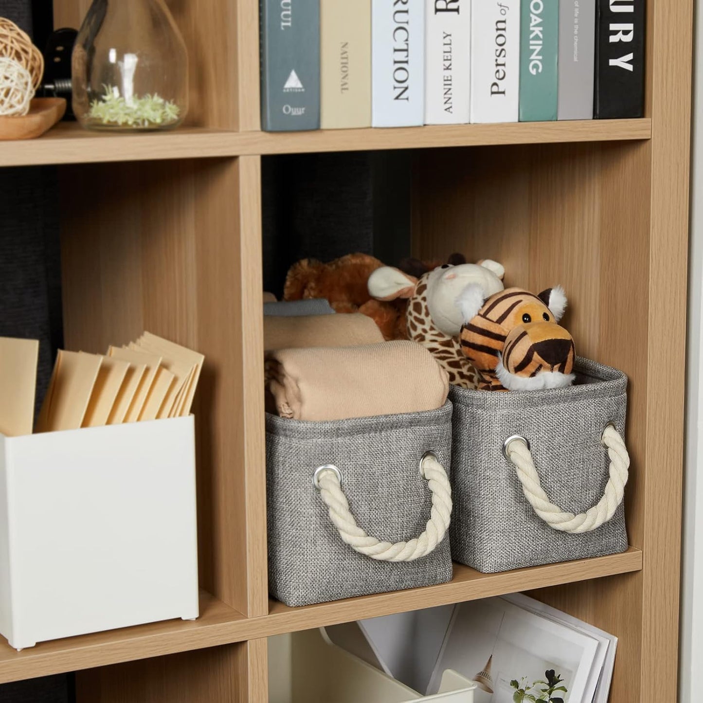 Temary Small Storage Baskets for Organizing, Narrow Baskets for Storage Toilet Paper Rolls, Fabric Baskets with Handles for Closets, Cabinets, Shelves (Grey, 15Lx6Wx5.5H Inches)