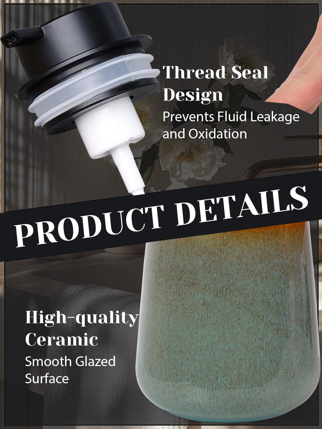 INGOFIN Ceramic Foaming Soap Dispenser -12oz Foam Hand Soap Dispenser Bathroom, Modern Refillable Dish Wash Soap Bottle for Kitchen with Large Pump -Kiln-Glazed Green