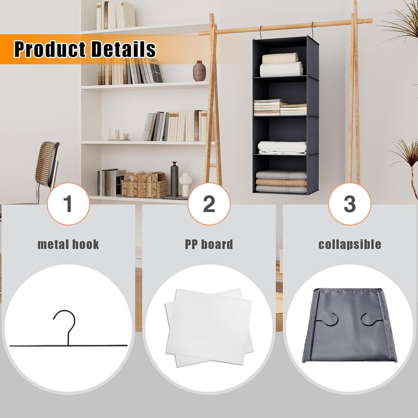 Hanging Closet Organizer, Easy Mount Foldable 4-Shelf Hanging Closet Wardrobe Storage Shelves, Clothes Handbag Shoes Accessories Storage, Washable Oxford Cloth Fabric, Dark Grey