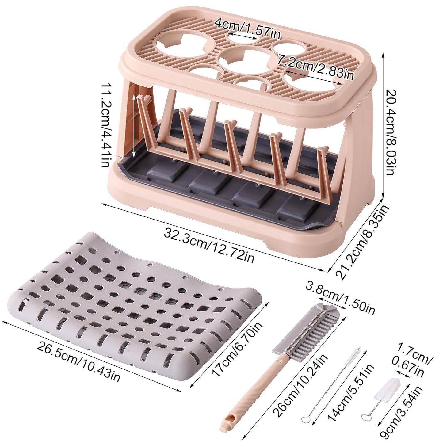 Baby Bottle Drying Rack:Space Saving Standing Drying Rack for Baby Bottles and Pump Part Cleaning,be Equipped with Bottle Brush（Pink Lotus Root）