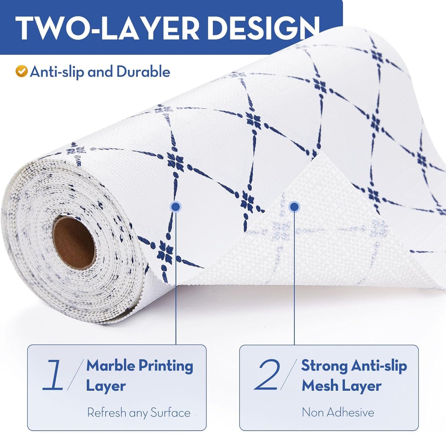 Drawer and Shelf Liner, Non-Slip Kitchen Cabinet Liners Non-Adhesive Thick Strong Grip Waterproof Washable Mats Protect Dresser Shelves Cupboard Bathroom Cabinets, Blue Stripe, 12 in X 30 FT