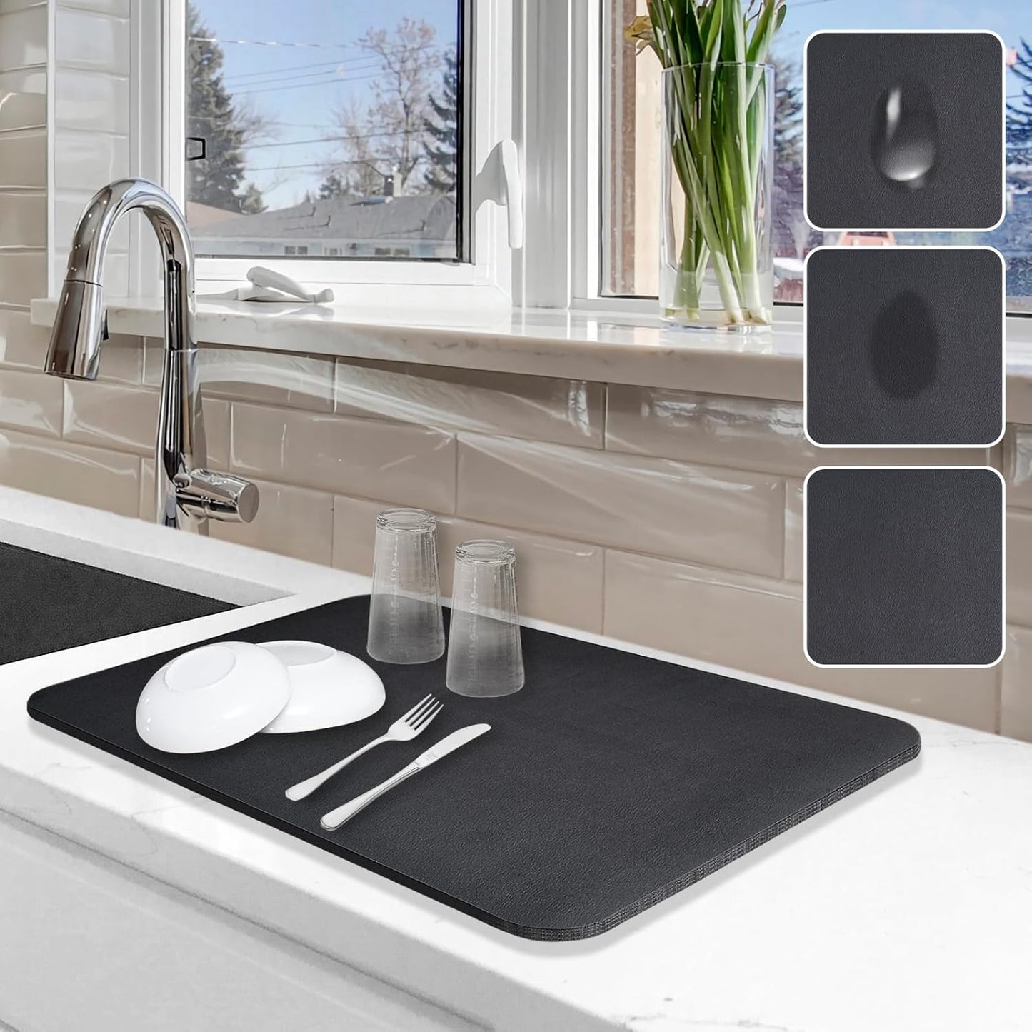 Dish Drying Mat for Kitchen Counter, 12"x19" Dish Drying Pad with Non-slip Rubber Backed, Hide Stain Anti Absorbent for Kitchen Counter, Drying Mat for Coffee Machine Dish Rack (Black)