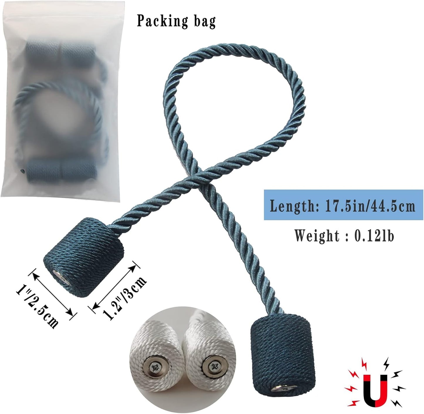 Magnetic Curtain Tiebacks 4 Pack Blue Curtain Rope Tieback Curtain Holders for Drapes Modern Tie Backs Decorative Curtain Holdbacks