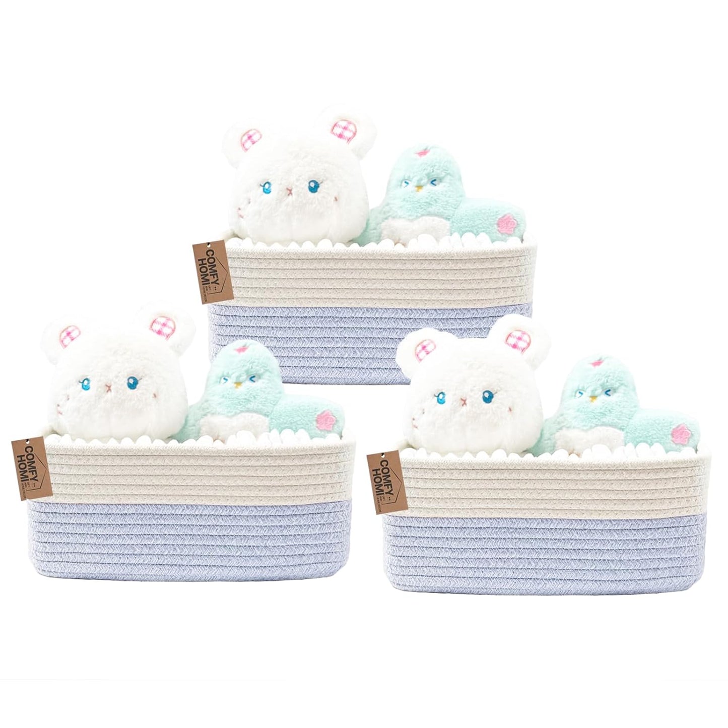 COMFY-HOMI 11.5"x7.5"x4.7" Storage Baskets for Organizing | Cotton Rope Woven Basket | Toy Storage Bin Box | Basket for Shelves, Closet Organizer Bin, Decorative Closet Shelf, 3 Pack, white/bule