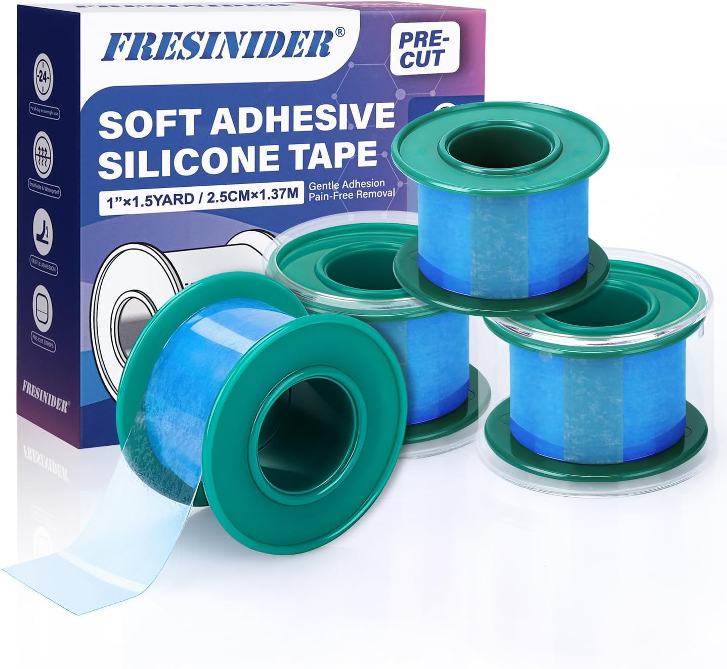 FRESINIDER Silicone Medical Tape – 1" x 1.5 Yard Blue 4 Rolls, Pre-Cut, Waterproof & Repositionable, Pain-Free Removal, Hypoallergenic Adhesive for Sensitive Skin, Wound Care & First Aid Use