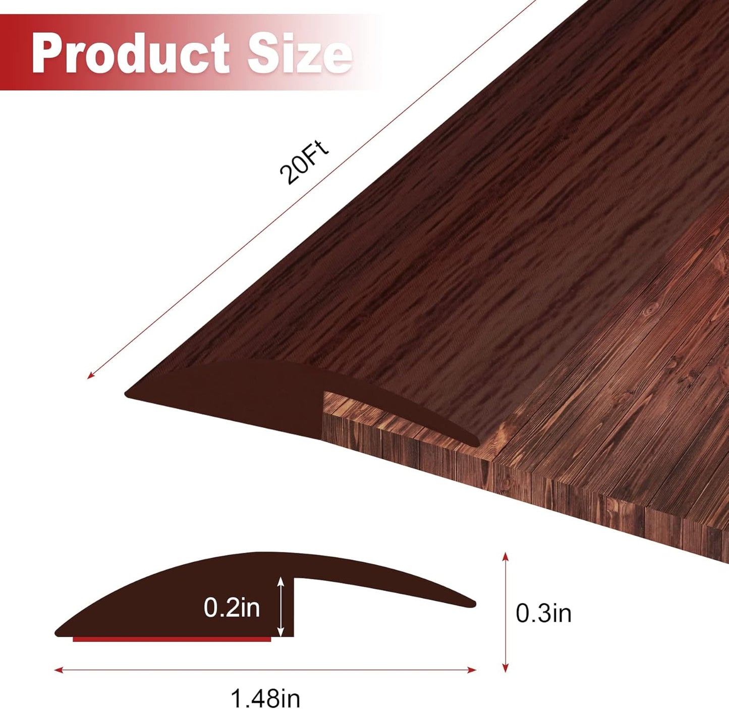 20Ft Carpet Floor Transition Strip, Self Adhesive Floor Edging Trim Strip, PVC Threshold Cover for Doorway, Floor Divider Strip Suitable for Threshold Height Less Than 5 mm - Red Wine