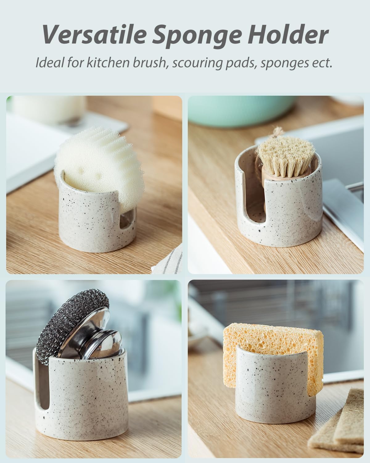 Kitchen Sink Sponge Holder, Dish Sponge Rack Ceramic Brush Holder Farmhouse Kitchen Dish Rack for Brush, Scrubbers, Bathroom, Sink, Speckled Glaze
