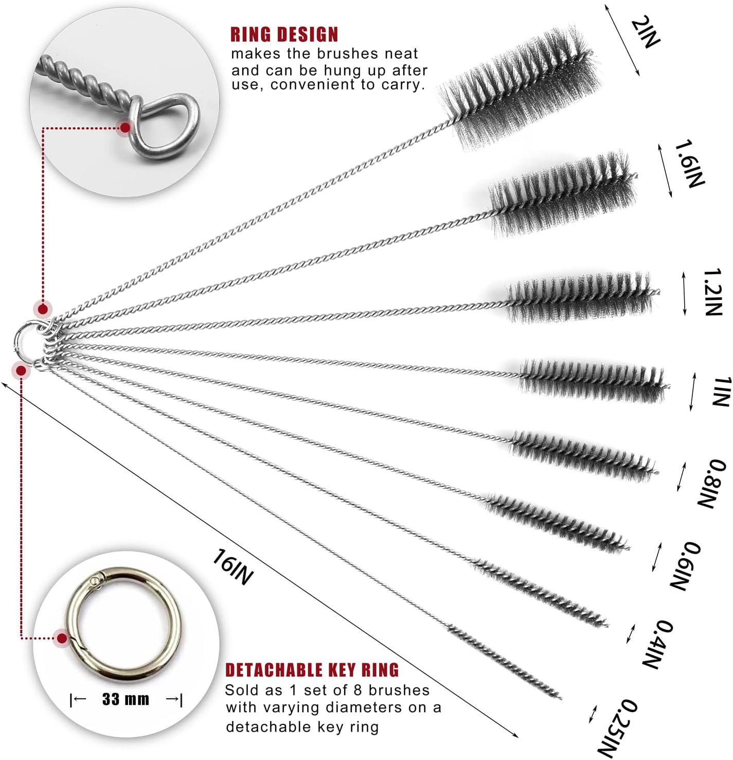 16 Inch Extra Long Pipe Cleaning Brush Set Stainless Steel Bristles, Stainless Steel Pipe Brush Steel Bottle Brush 8 Piece Variety Pack for Auto Parts, Bottles,Tubes, Etc.