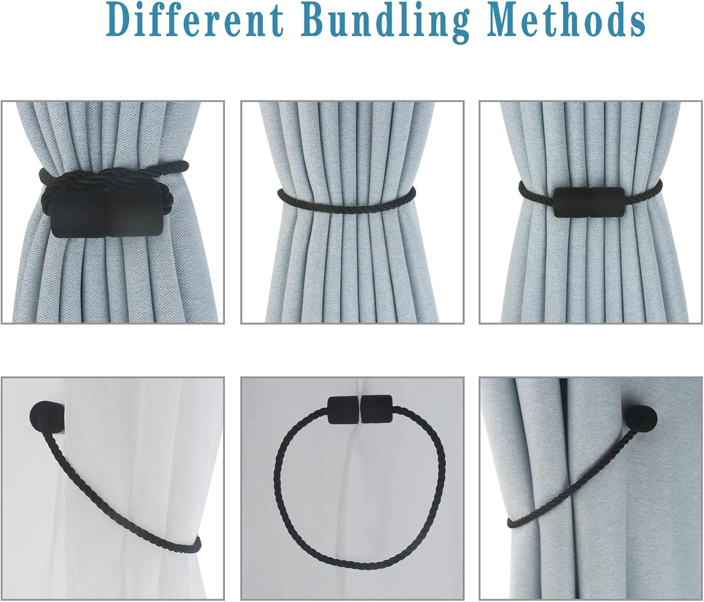 Magnetic Curtain Tiebacks 6 Pack Black Curtain Rope Tieback Curtain Holders for Drapes Modern Tie Backs Decorative Curtain Holdbacks