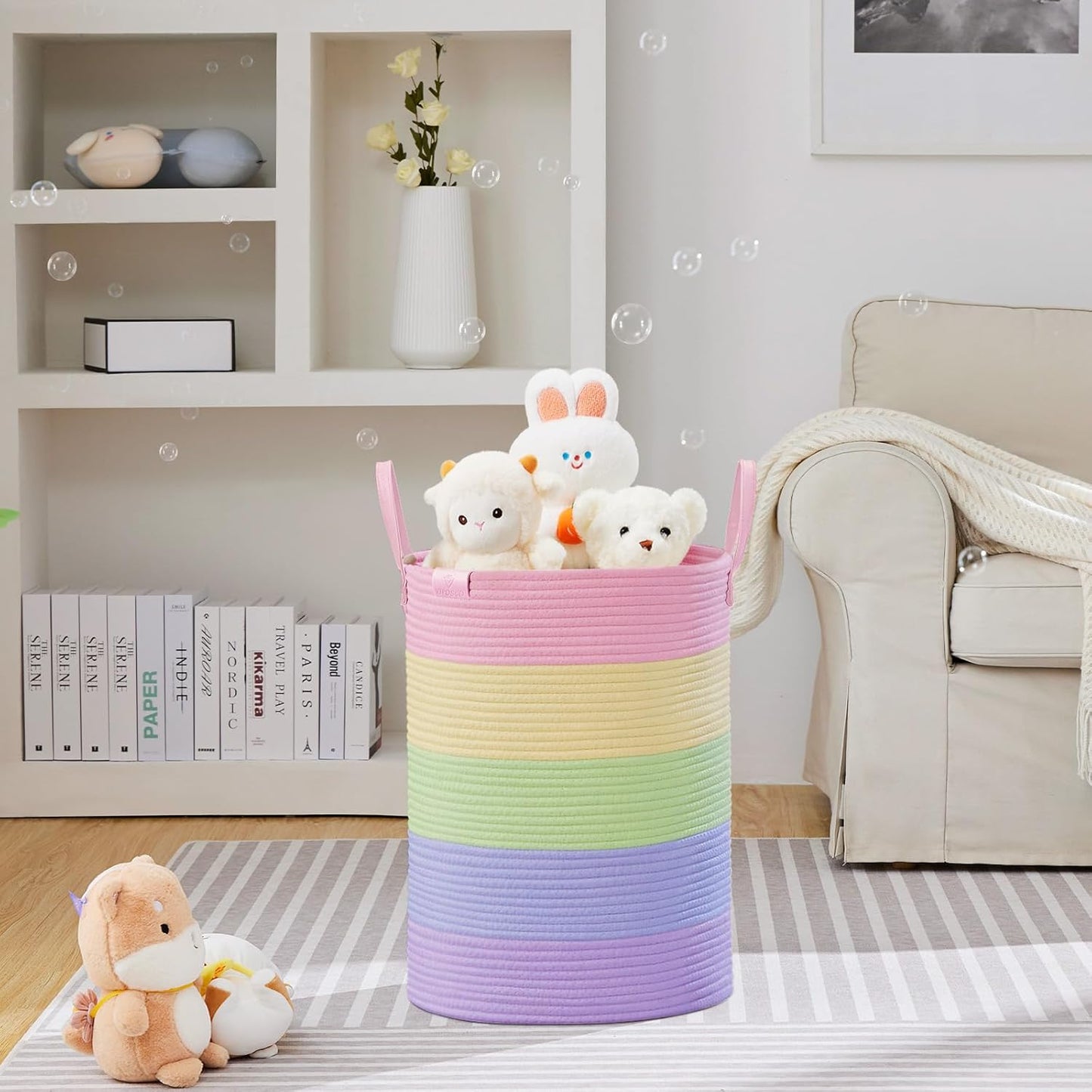 VIPOSCO Tall Laundry Basket, Large Dirty Clothes Hamper with Leather Handle, Woven Rope Storage Basket for Blanket, Toy In Living Room, Bathroom, Bedroom - 72L Rainbow
