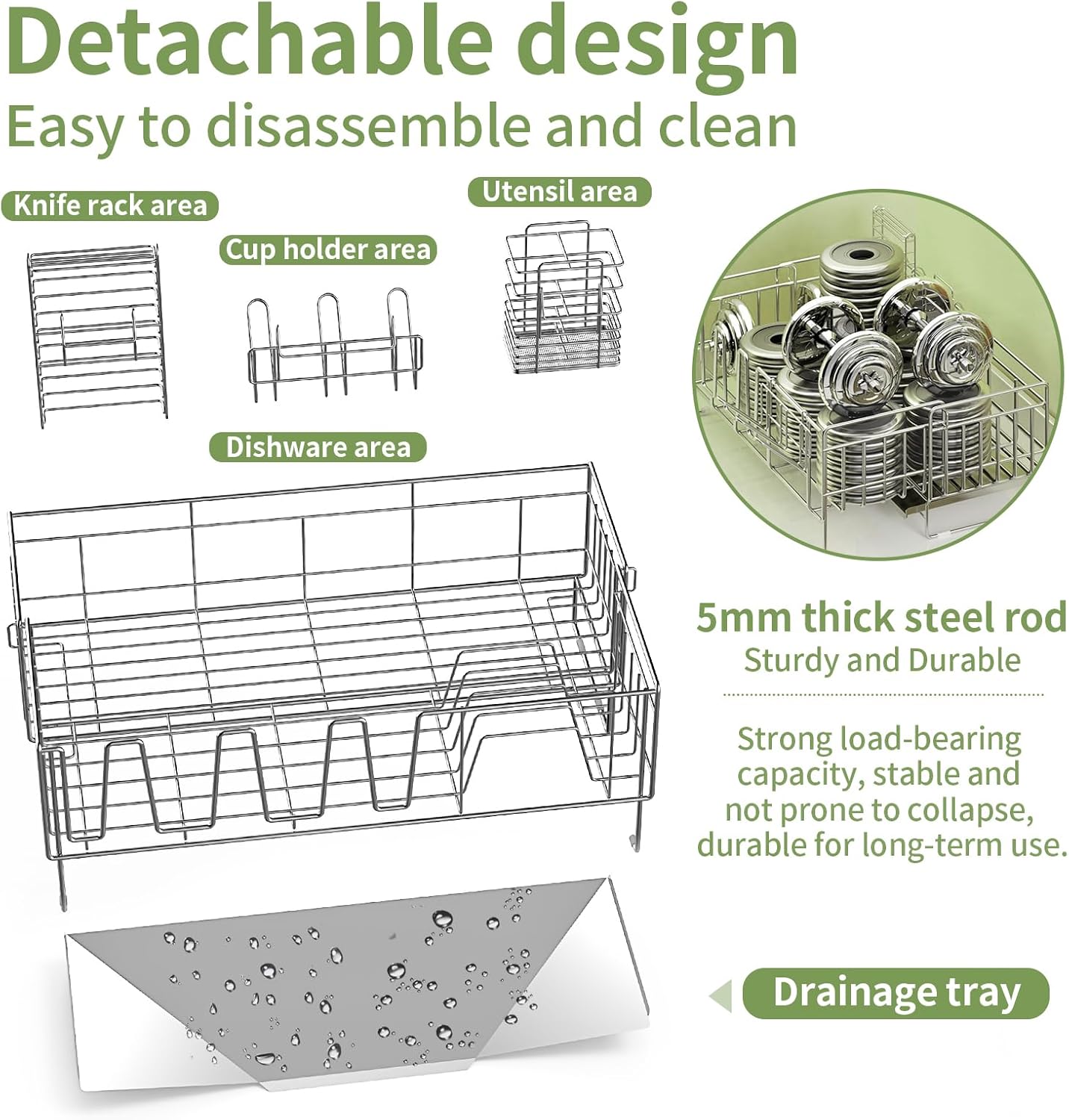 Large Dish Drying Rack - Rust Resistant Dish Rack,Expandable Kitchen Counter,Drainage Board with Sloped Design,Removable Cutlery Holder,Cup Knife Holder,Easy-to-Clean Full Hollow Design-Silver-L