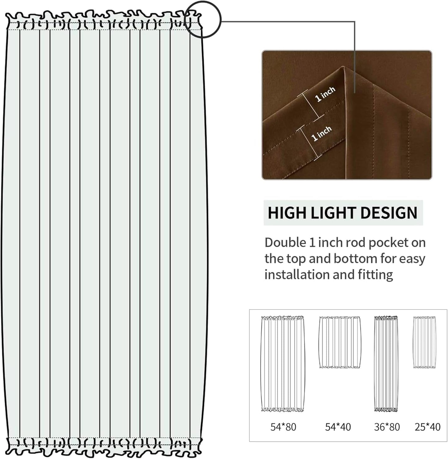 DWCN French Door Curtains – Rod Pocket Thermal Blackout Curtain for Window/Patio Doors/Doorways/Classroom/Kitchen for Privacy, 36W by 80L Inches, 1 Panel with Tieback, Brown