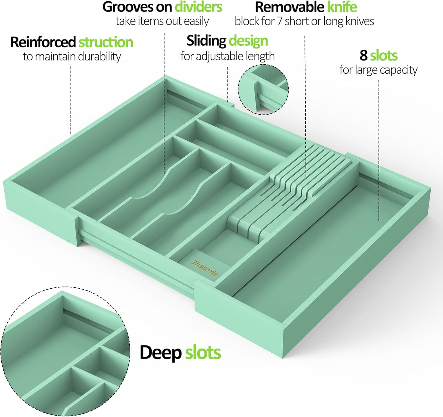 Bamboo Kitchen Drawer Organizer, Expandable Utensil Organizer with Removable Knife Block, Cutlery Tray Holder with Divider, Adjustable Silverware Organizer, Cyan