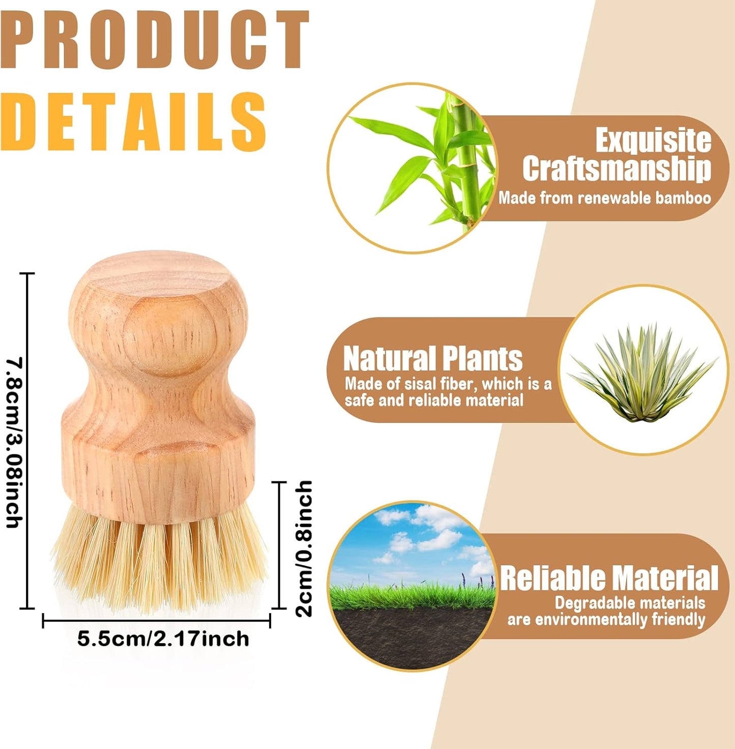 Nuenen 12 Packs Bamboo Dish Scrub Brushes Wooden Scrubbers Set Kitchen Dishwashing Scrubber with Natural Sisal Bristles for Iron Pot Pan Sink