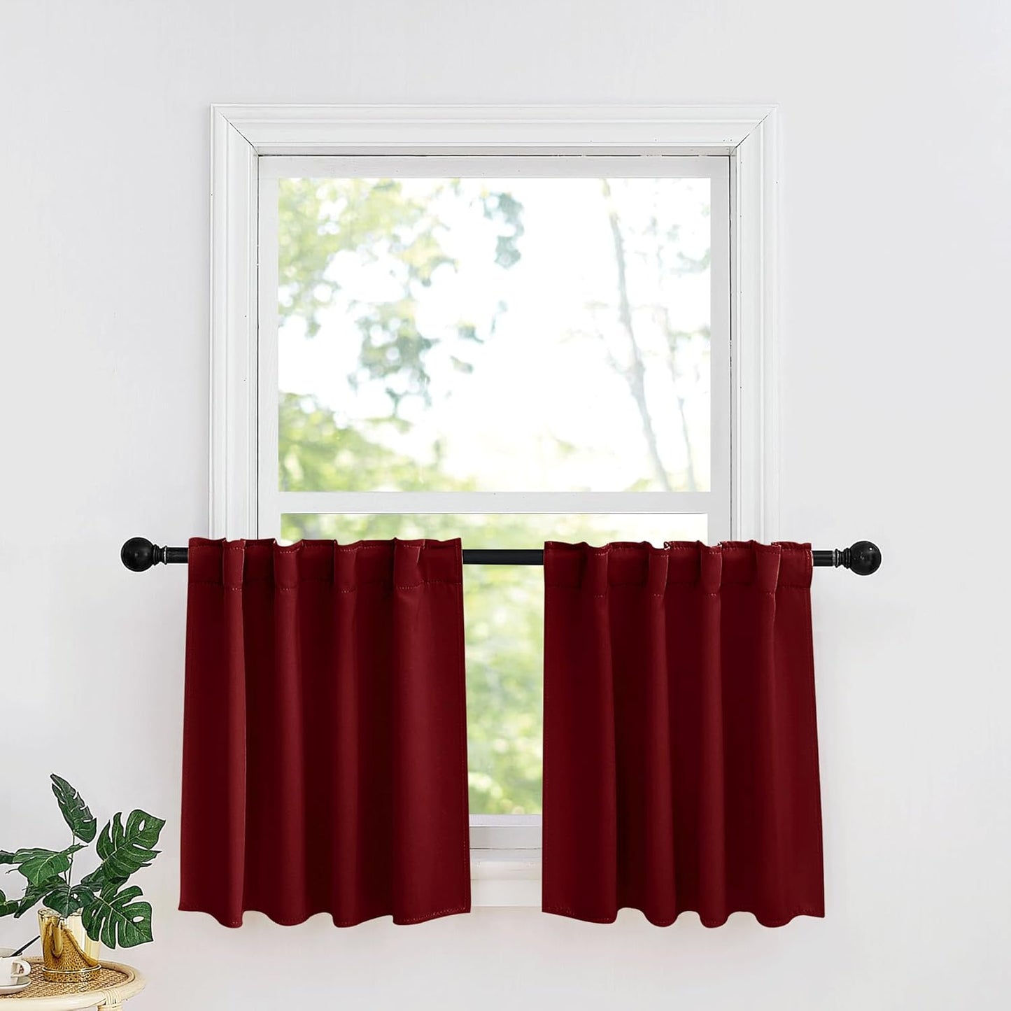 RYB HOME Small Window Curtains - Blackout Insualting Privacy Curtains for Kids Bedroom Kitchen Bathroom Basement Cafe Cabinet Tiers Drapes, 34 Width x 30 Length, 2 Panels, Burgundy Red