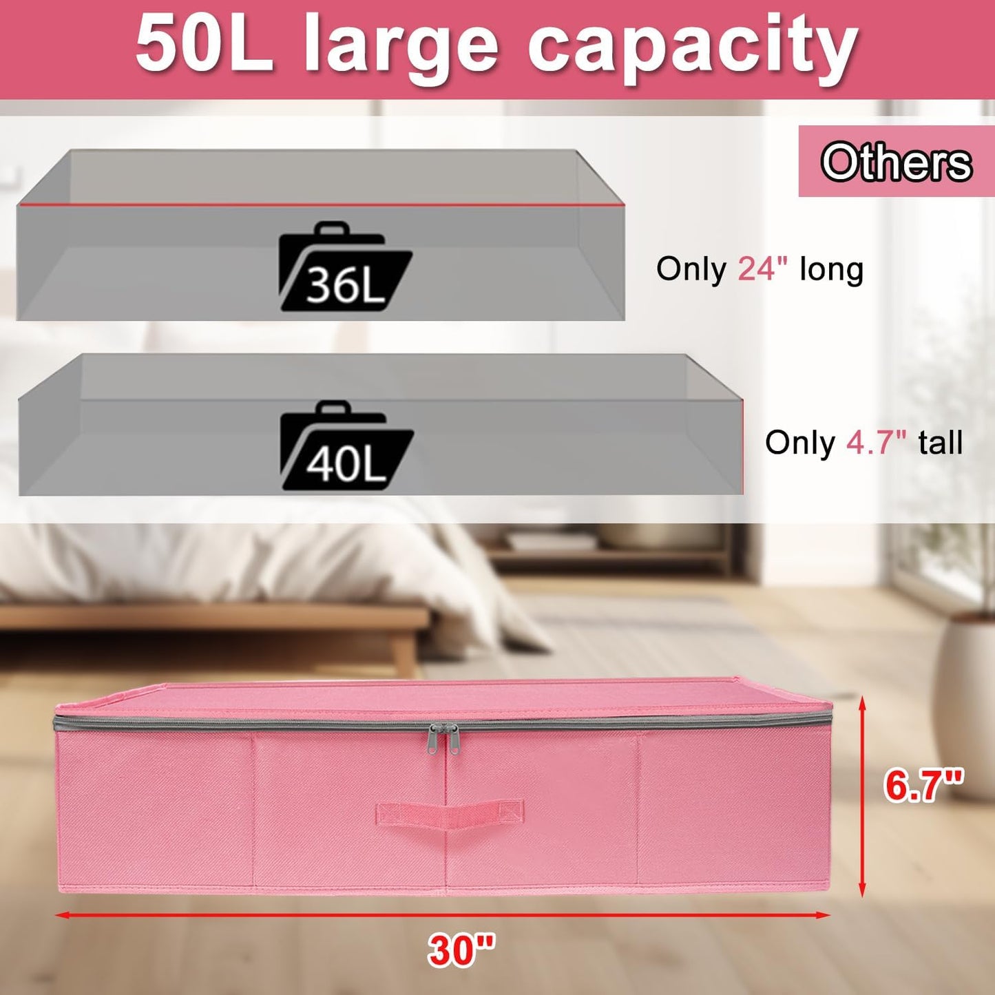 punemi Under Bed Storage Containers, Pink Underbed Storage With Rigid Side/Bottom Support, Closet Organizers And Storage Bins, Blankets Clothes Comforters Storage Bag, Dorm Room Essentials For Girls