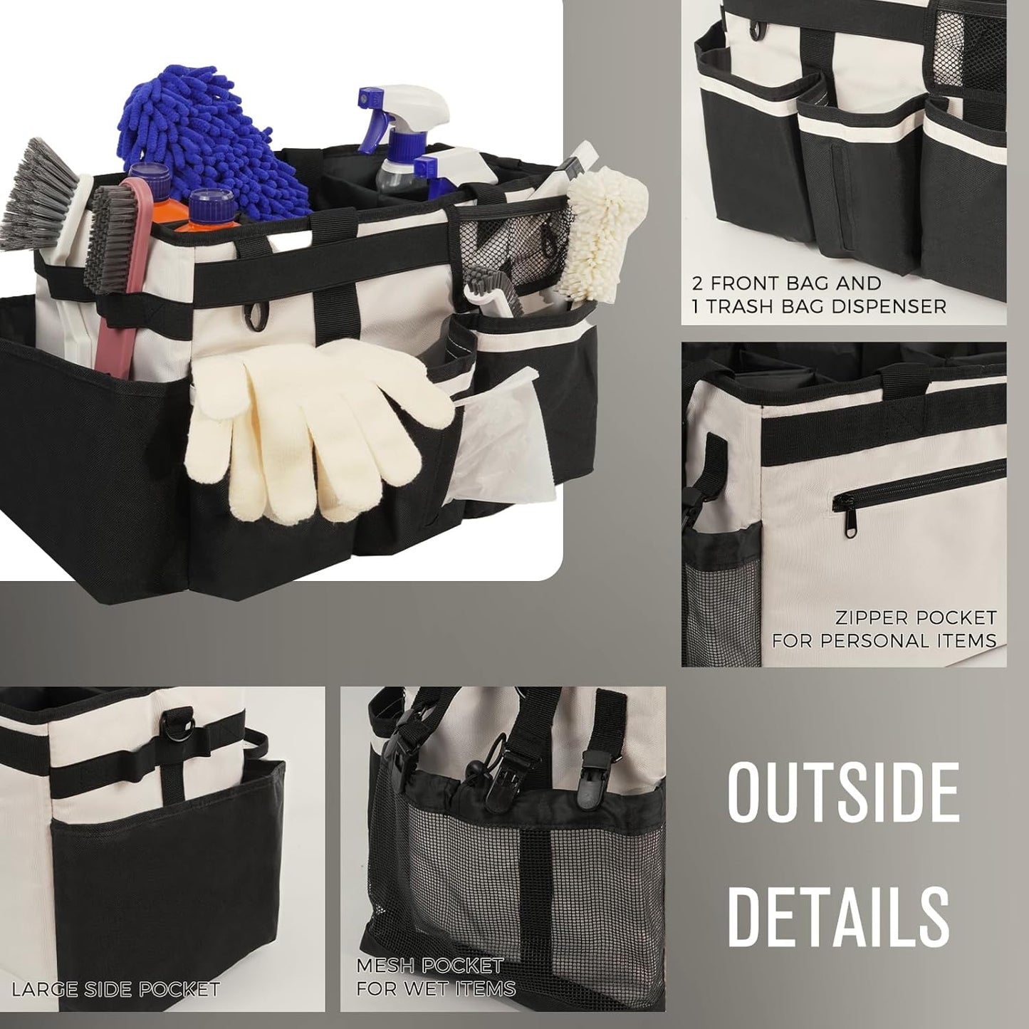 Wearable Cleaning Caddy, Cleaning Caddy Supplies Organizer with Handle & Shoulder Straps for Housekeepers, Under Sink & Car Cleaning Tool Organizers Bag with 4 Foldable Divider (Beige)