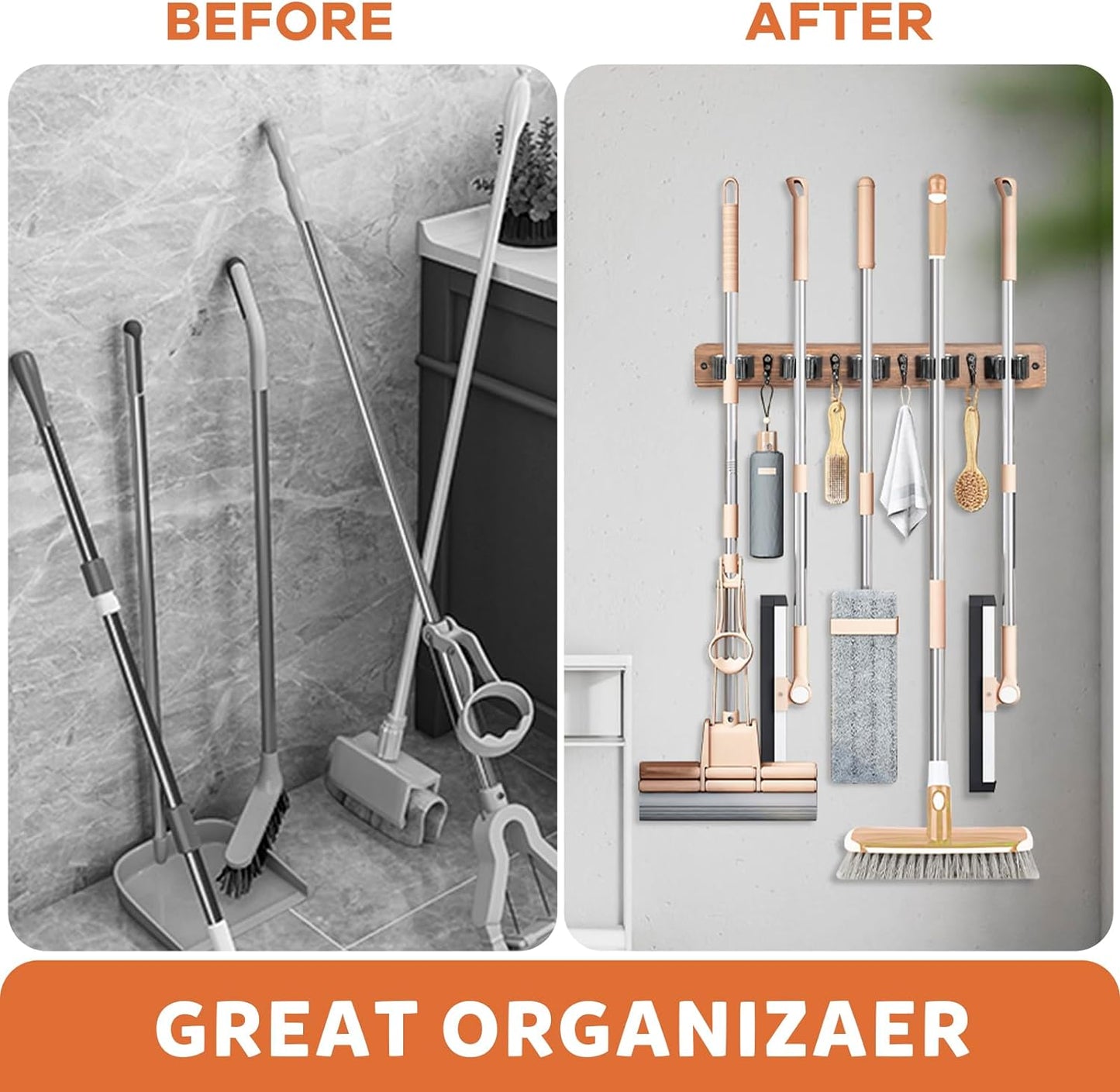 IMILLET Broom Holder Wall Mount, Rustic Wood Broom Hanger with 5 Racks and 4 Hooks, Laundry Room Organization and Storage, Mop Holder for Home Decor, Garden, Garage, Kitchen, Closet