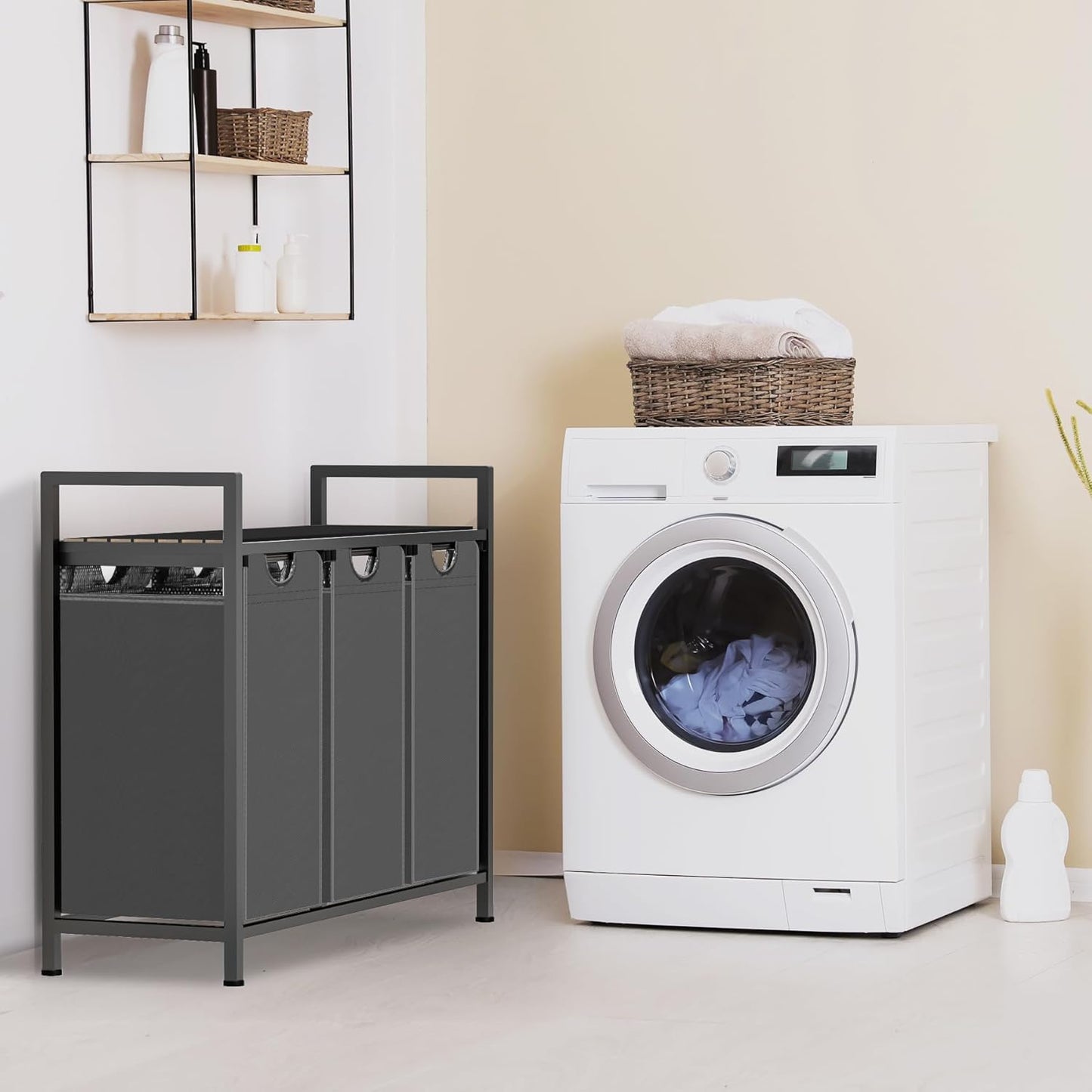 Laundry Hamper, Laundry Sorter with 3 Pull-Out Removable Oxford Fabric Bags Cloth Laundry Basket 3 x 10 Gallons (Grey and Charcoal Black)