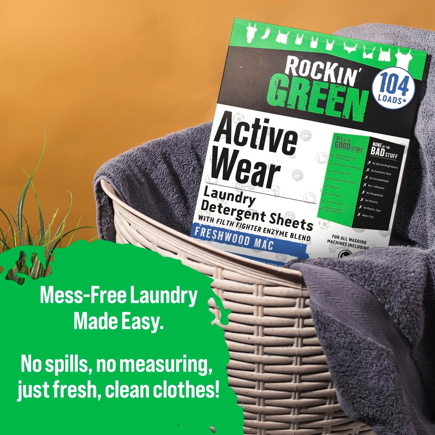 Rockin' Green Active Wear Travel Laundry Detergent Sheets - Mess-Free Laundry Sheet Detergent with Sodium Bicarbonate - Easily Dissolvable Laundry Soap Sheets (104 Loads, Freshwood Mac)