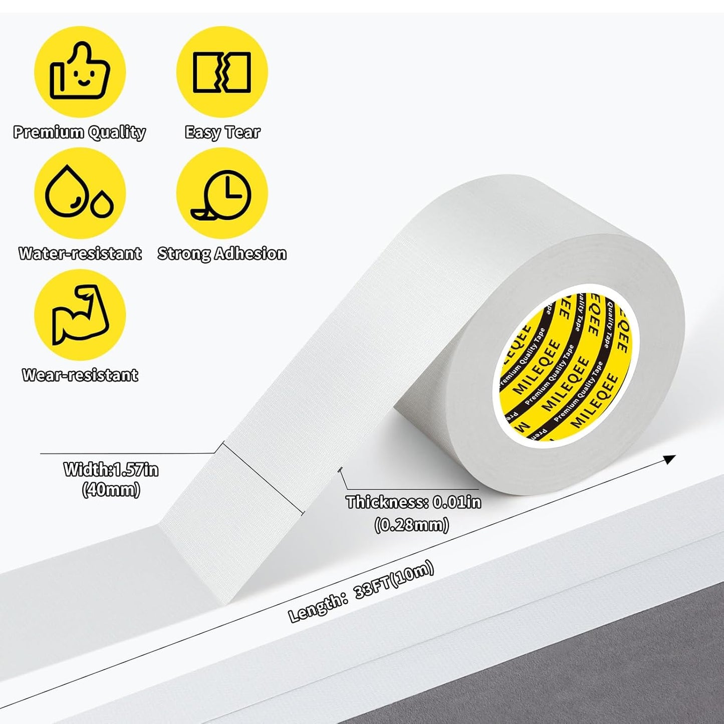 2Pack Duct Tape Heavy Duty Single Sided, Strong Adhesive High Strength, Waterproof Mesh Tape for Indoor Outdoor Repairing Sealing Bonding, Easy Use Hand Tearable, 1.57 Inch x 33 Feet, White