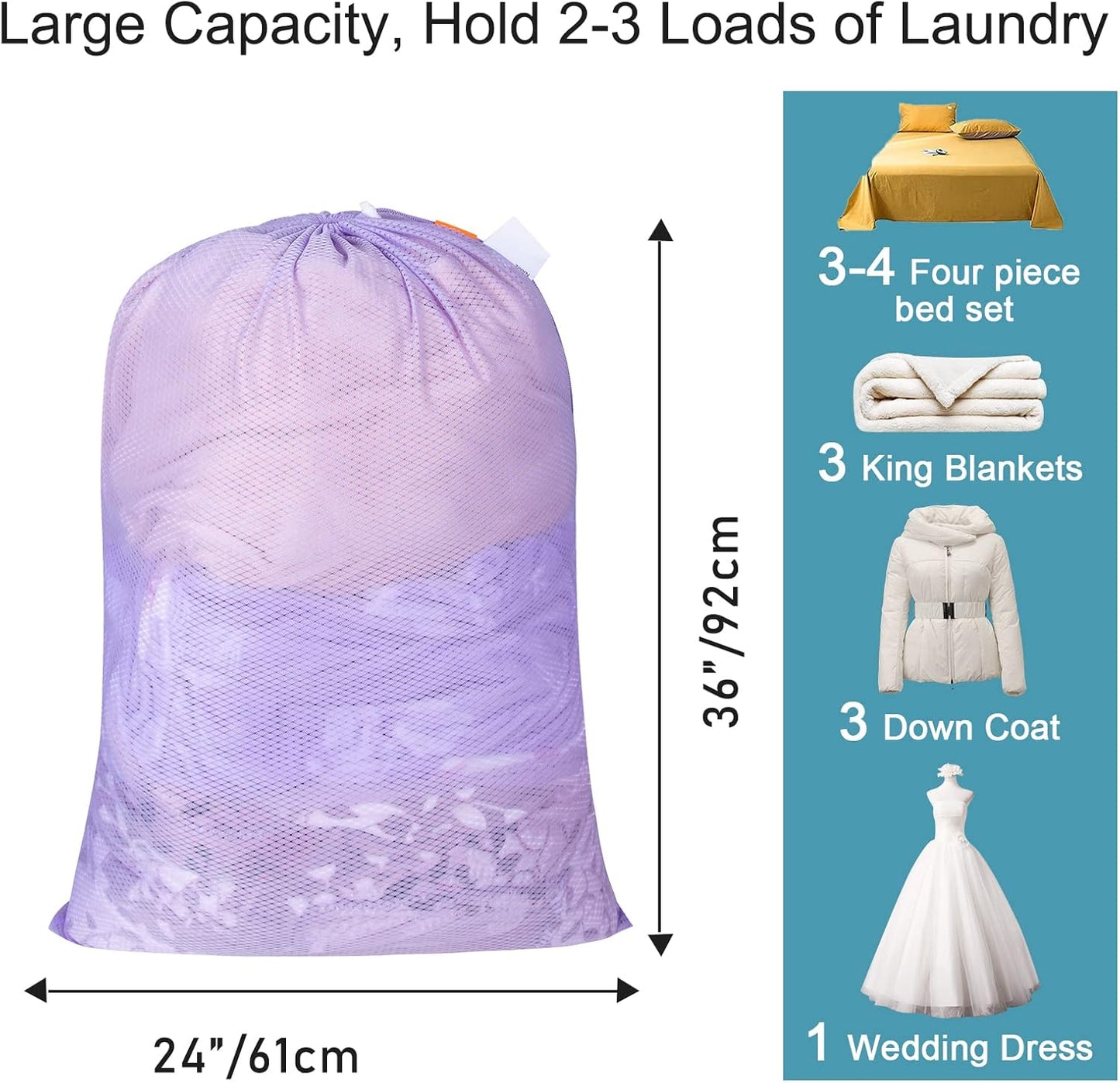 Polecasa Heavy Duty Large Mesh Laundry Bags with ID Tag and Locking Drawstring Closure - 2 Pack, 24 x 36 inches - Laundry Hamper Liner, Washable Laundry Bag for Travel, Sports, Dorms (Purple)
