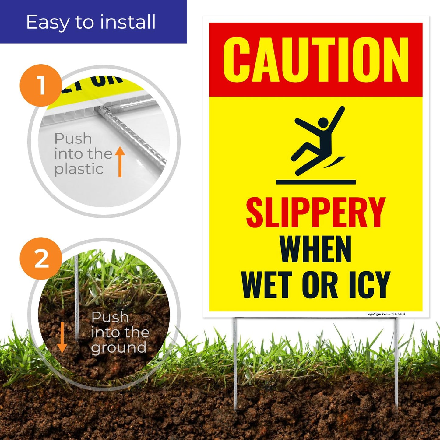 Caution Slippery When Wet or ICY Sign, (SI-84404) (2 Pack) Double Sided 9x12 Inches, Corrugated Plastic with Metal H Stake, Made in USA by Sigo Signs
