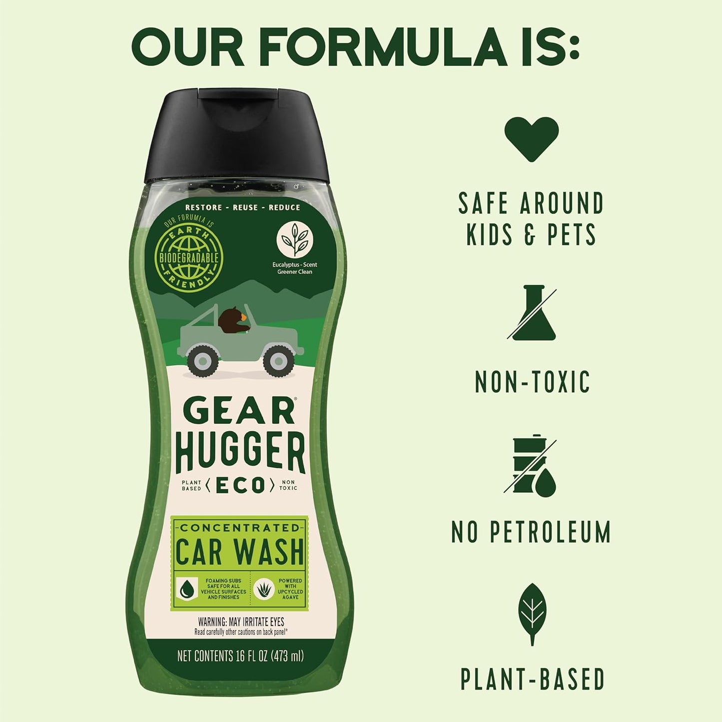 Gear Hugger Car Wash Soap (16 oz, Pack of 1) – Eco-Friendly Car Cleaner, Biodegradable Car Wash with Natural Saponins & Eucalyptus – Safe Car Soap for All Vehicle Surfaces