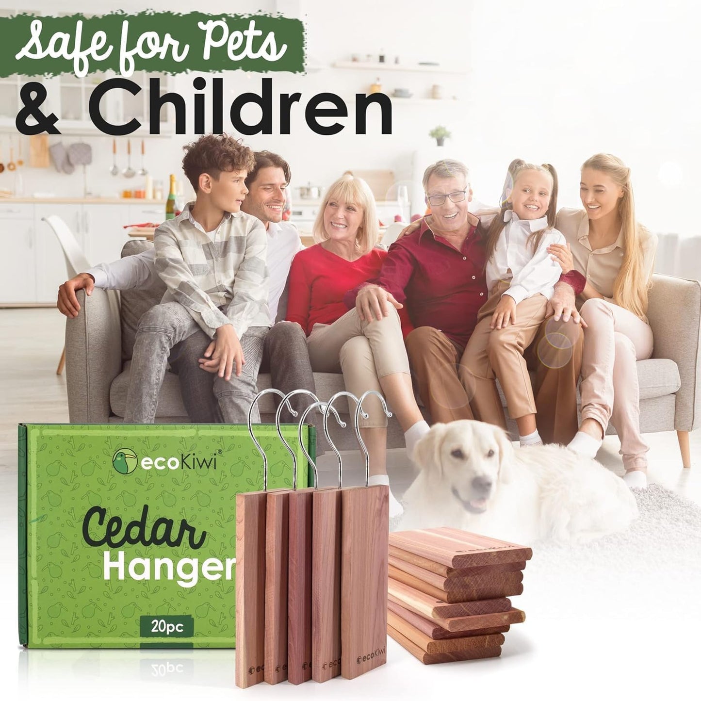 ecoKiwi Cedar Blocks for Clothes Storage - 20 Pack Hang Ups - 100% Natural Aromatic Cedar Planks for Closets and Drawers - Cedar Wood Hangers Balls Chips with Sandpaper - Cedarwood Scented Freshener