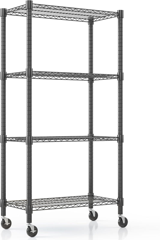 Himimi 72" H Wire Shelving Unit Storage, Metal Storage Shelves with Wheels, Heavy Duty Shelves with 4-Tier Adjustable Layer Rack Strong Steel for Kitchen Pantry Basement, 14" D×30" W×72" H, Black