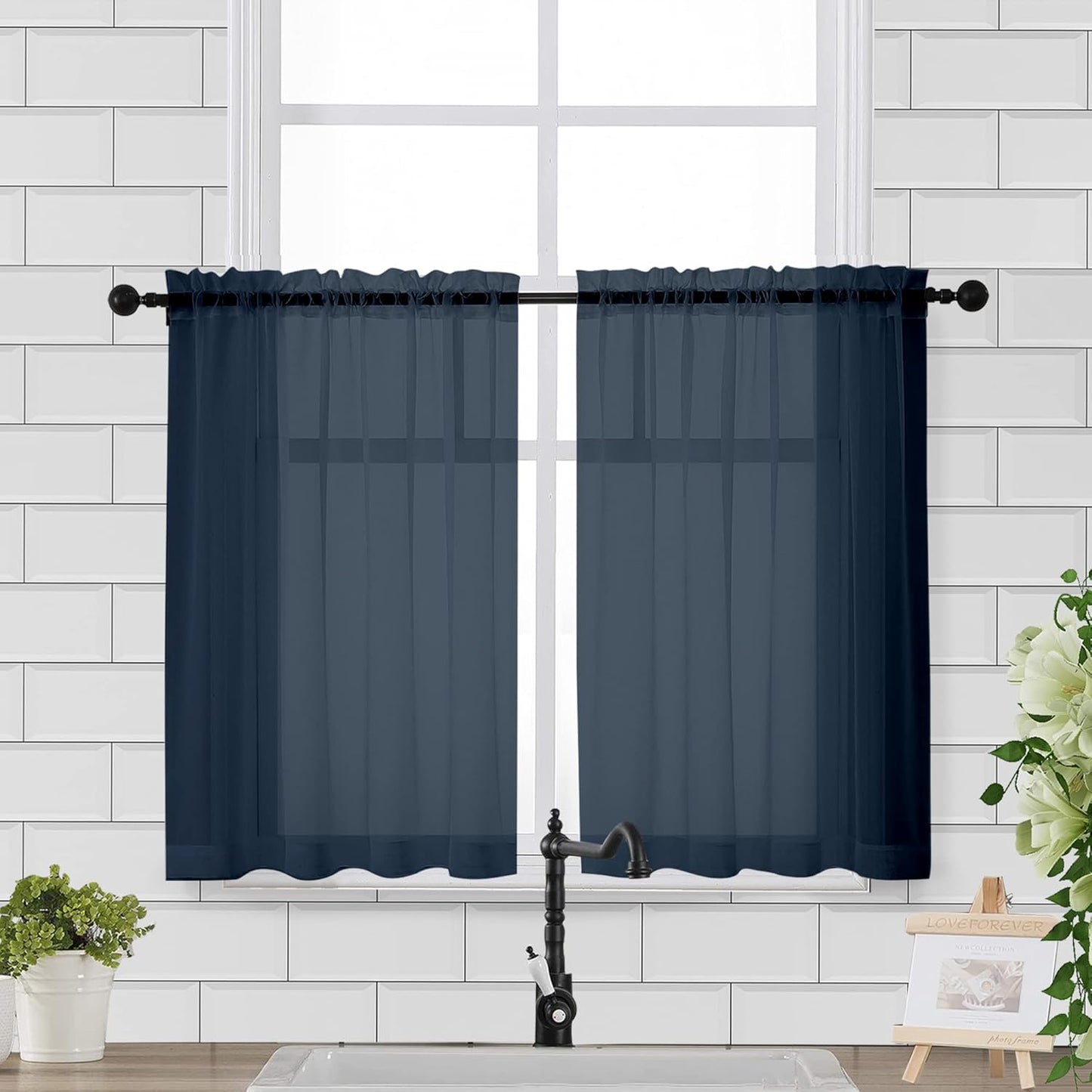 Chyhomenyc Sheer Window Curtains Tier 2 Pieces Set, 36 inch Length, Short Dining Curtains Window Treatment for Small Windows/Bathroom/Cafe/Living Room, Rod Pocket, Navy Blue