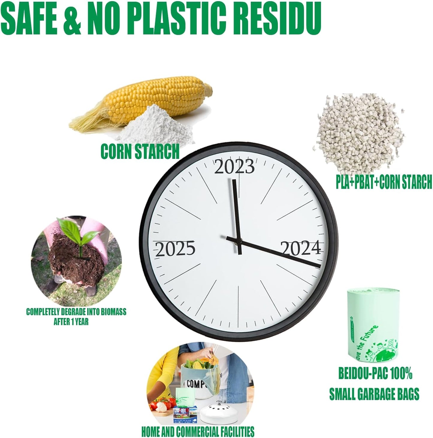 100% Compostable Trash Bags, 3 Gallon Compost Bags Small Kitchen Trash Bags with Handle, 200 Count Sturdy Biodegradable Garbage Bags Food Scrap Waste Bags, ASTM D6400, US BPI Certified