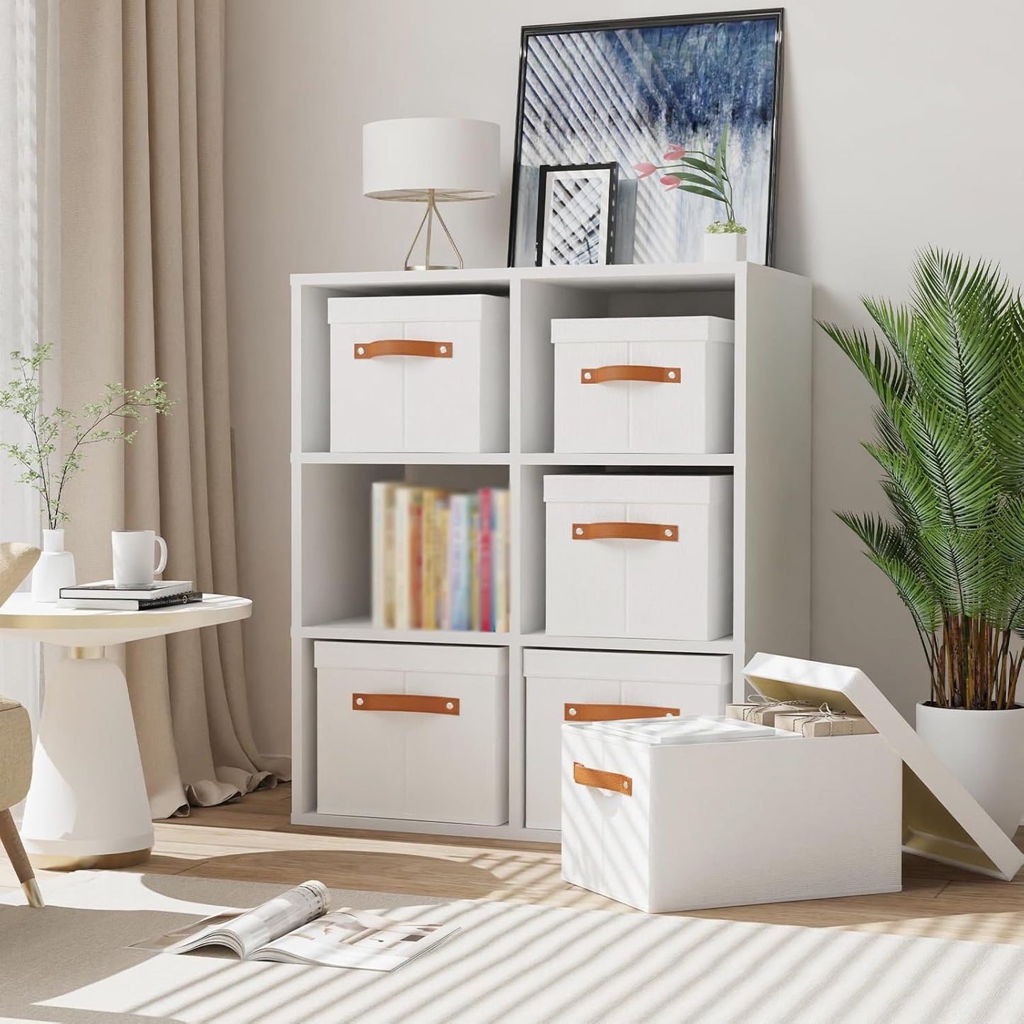 Fabric Storage Bins, Clothes Boxes for Shelves with Lids, 5 Pack Baskets for Organizing with Handles, Decorative Linen Closet Organizers, White, 16.5 x 11.8 x 10.2 Inch