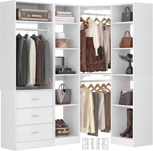 Corner Closet System with 3 Drawers, Corner Closet Organizer System with 13 Shelves & 3 Hanging Rods, 63.2"L * 39.2"W Reversible L Shaped Walk-in Closets, Load 2000+LBS, White