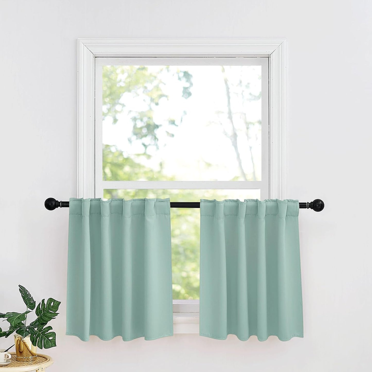 RYB HOME Kitchen Window Curtains - Blackout Privacy Half Window Curtains for Bedroom Bathroom Dining Living Room Cafe Office Short Tiers Drapes, W 34 x L 36 inches, 2 Panels, Aqua