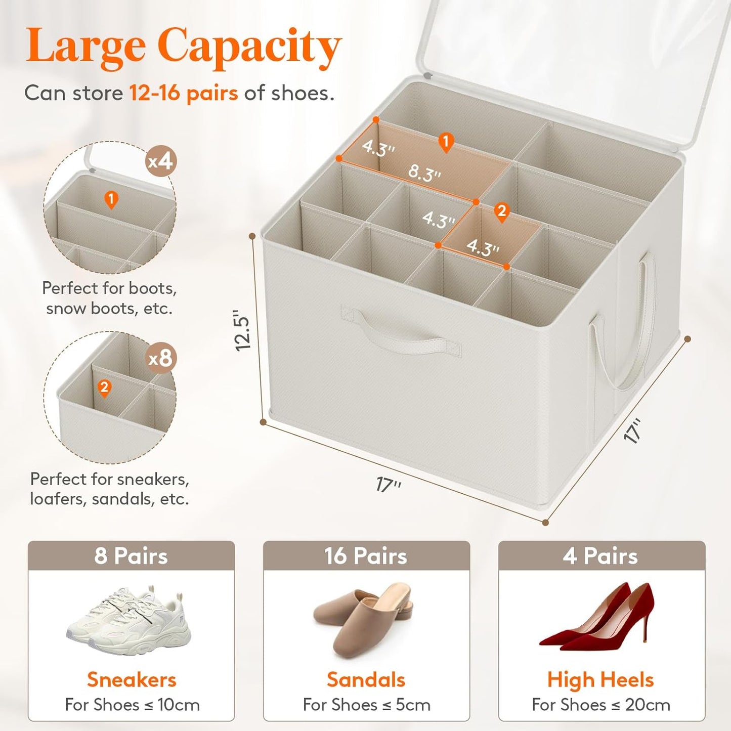 Lifewit Shoe Storage Organizer for Closet Fits 12-16 Pairs, Fabric Large Shoe Box Storage Container with Clear Cover, Foldable Bins Fit for Boots Heels Sneakers 17"(L) x 17"(W) x 12.5"(H) 2 Pack White