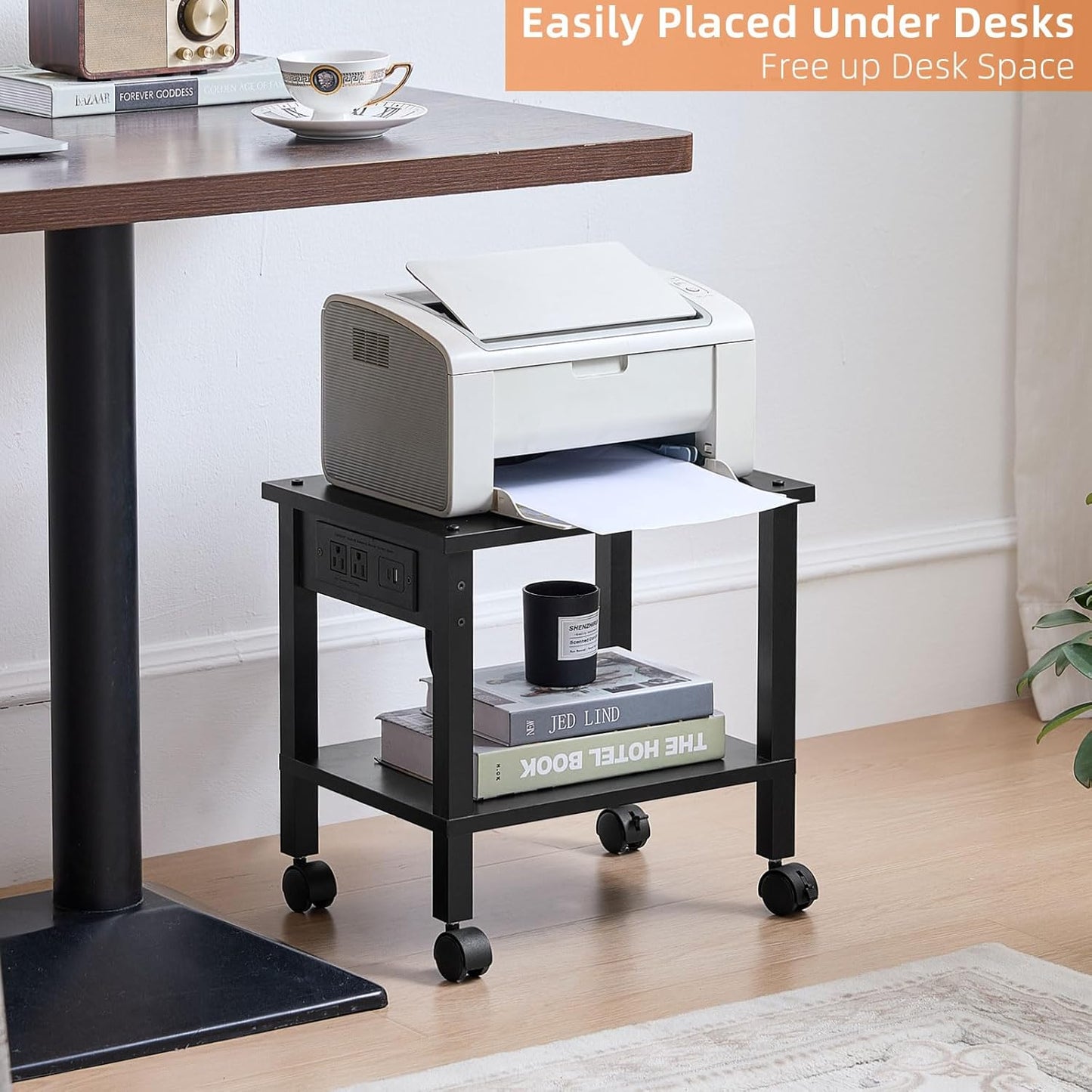 Lerliuo Under Desk Printer Stand with Charging Station, 2 Tier Wooden Small Printer Table with Storage, Rolling Printer Cart Shelf with Lockable Wheels for Home, Office (Black)