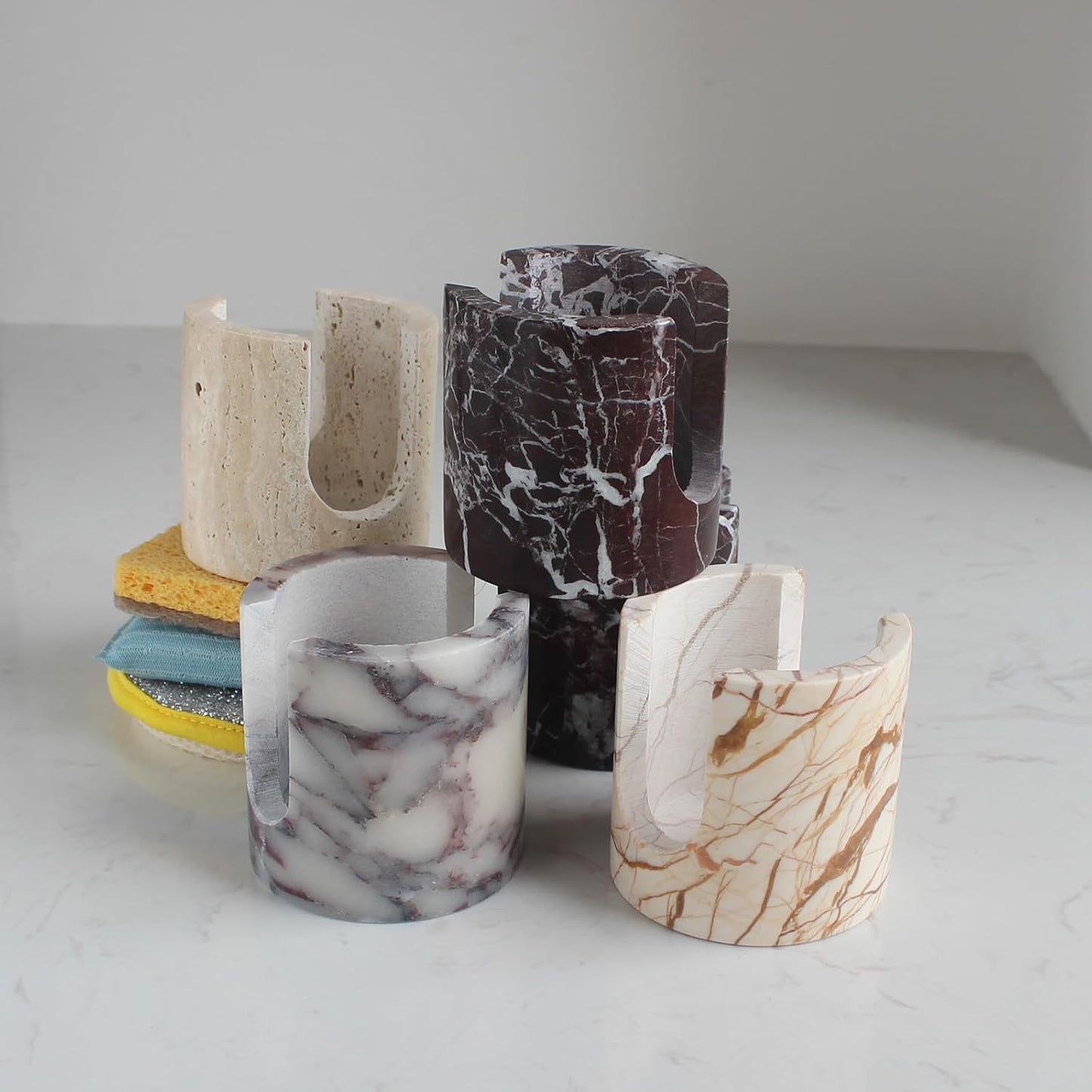 Natural Pink Marble Sponge Holder for Kitchen Counter, Drying Rack, Sponge Caddy for Sink Organizer