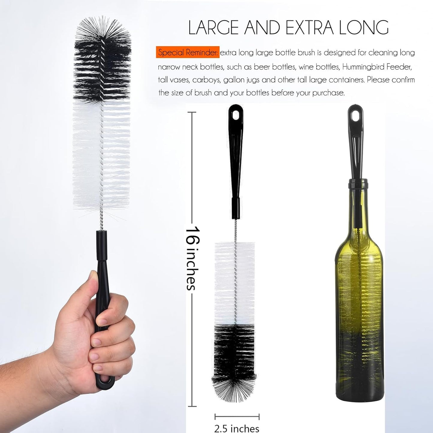 ALINK 3-Pack Long Black Bottle Cleaning Brush for Narrow Neck Beer/Wine/Flask/Thermos/Sport Well, Brewing Bottle Cleaner, 16 Inches