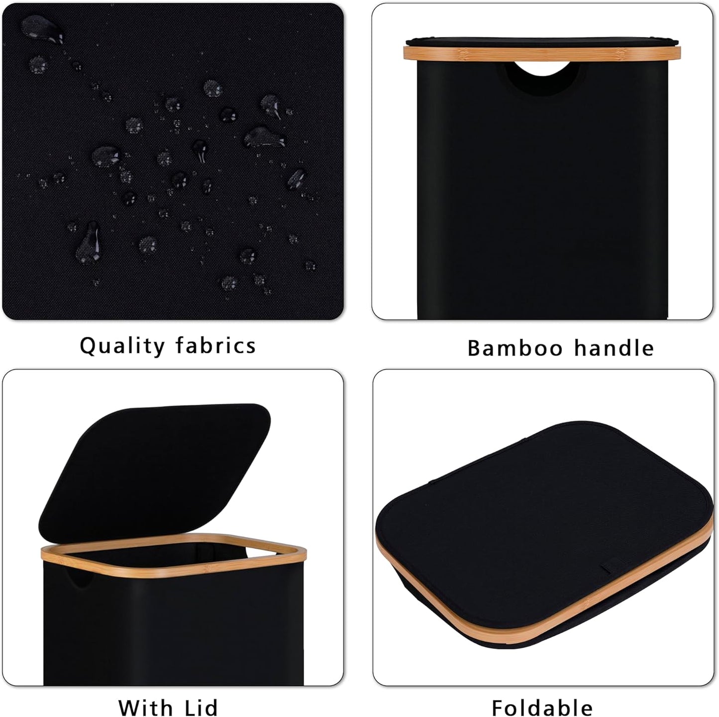 100L Laundry Hamper with Lid, Lagre Basket with Bamboo Handles,Foldable Clothes Hamper Tall Dirty Laundry Basket for Clothes Toys Towels Organizing,Black