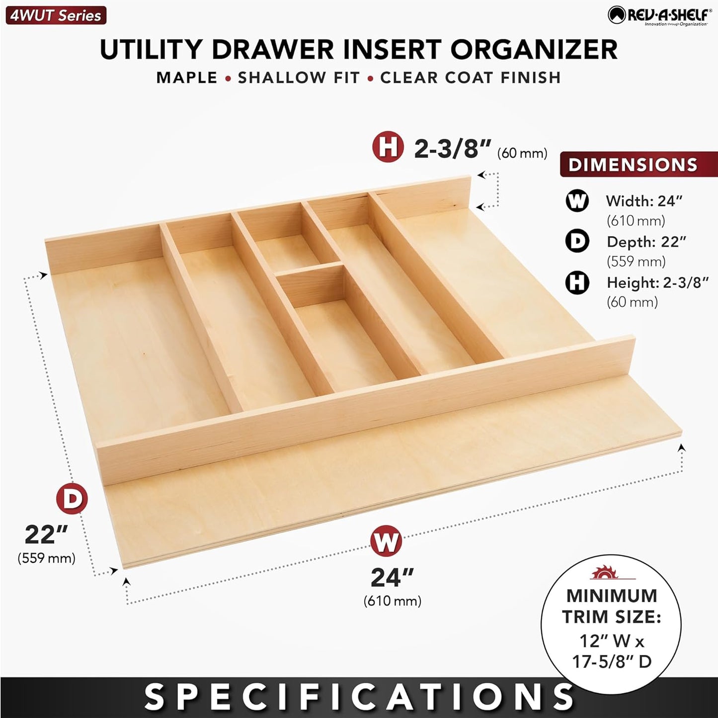 Rev-A-Shelf Trim-to-Fit Shallow Drawer Organizer for Kitchen Utensils, Cutlery Cabinet Storage Divider Insert, 23.98 x 21.97 in, Maple Wood, 4WUT-3SH