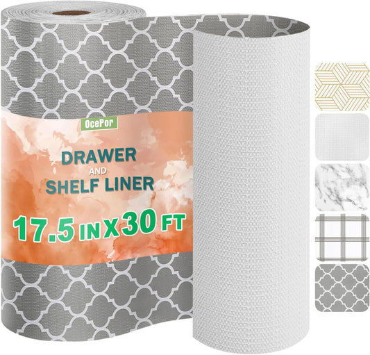 OcePor Non-Adhesive Drawer and Shelf Liner 17.5IN x 30FT，Non Slip Cabinet and Cupboard Liner, Kitchen Cabinet Liners for Shelves, Waterproof Drawer Shelf Liners for Cabinets/Bathroom Cupboard