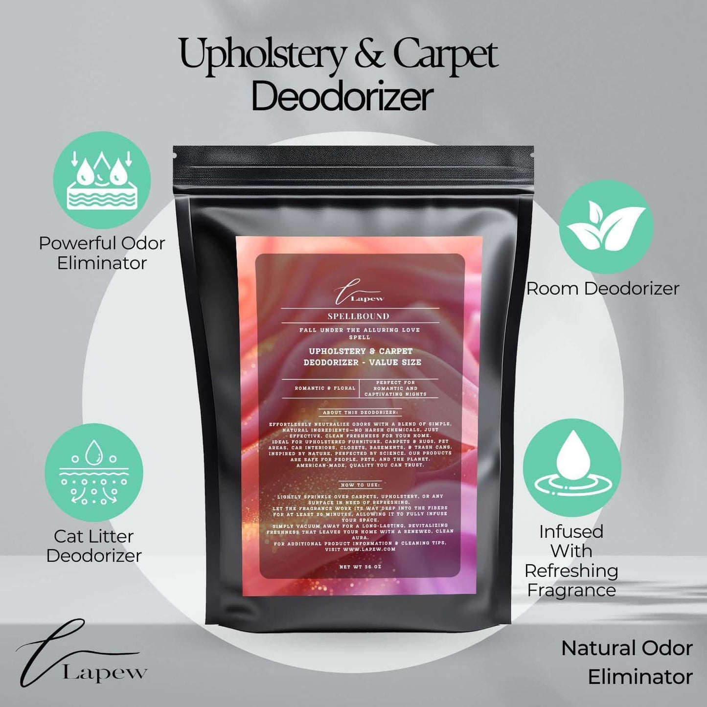 Spellbound Carpet Freshener Powder Refill 36 oz | Powerful Odor Eliminator for Home | Upholstery Deodorizer | Carpet Deodorizer | Pet Urine | Cat Litter Box | Love Spell Fragrance