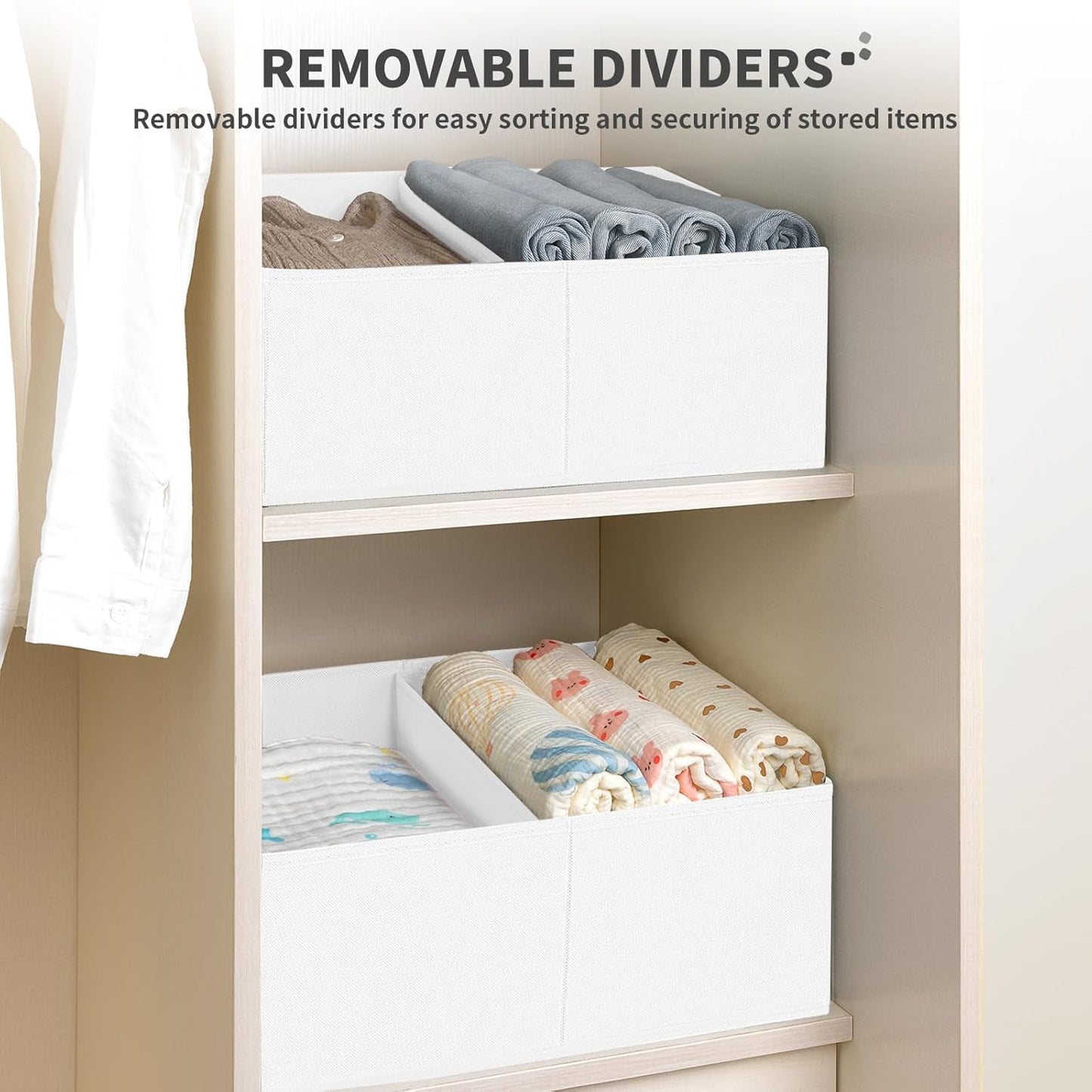 DIMJ Large Closet Shelf Organizer Bins 6 Packs with Handles and Divider, Fabric Trapezoid Storage Baskets, Foldable Clothes Containers Box for Shelf, Towel, Book, Toy, Purse, Hats, ,White