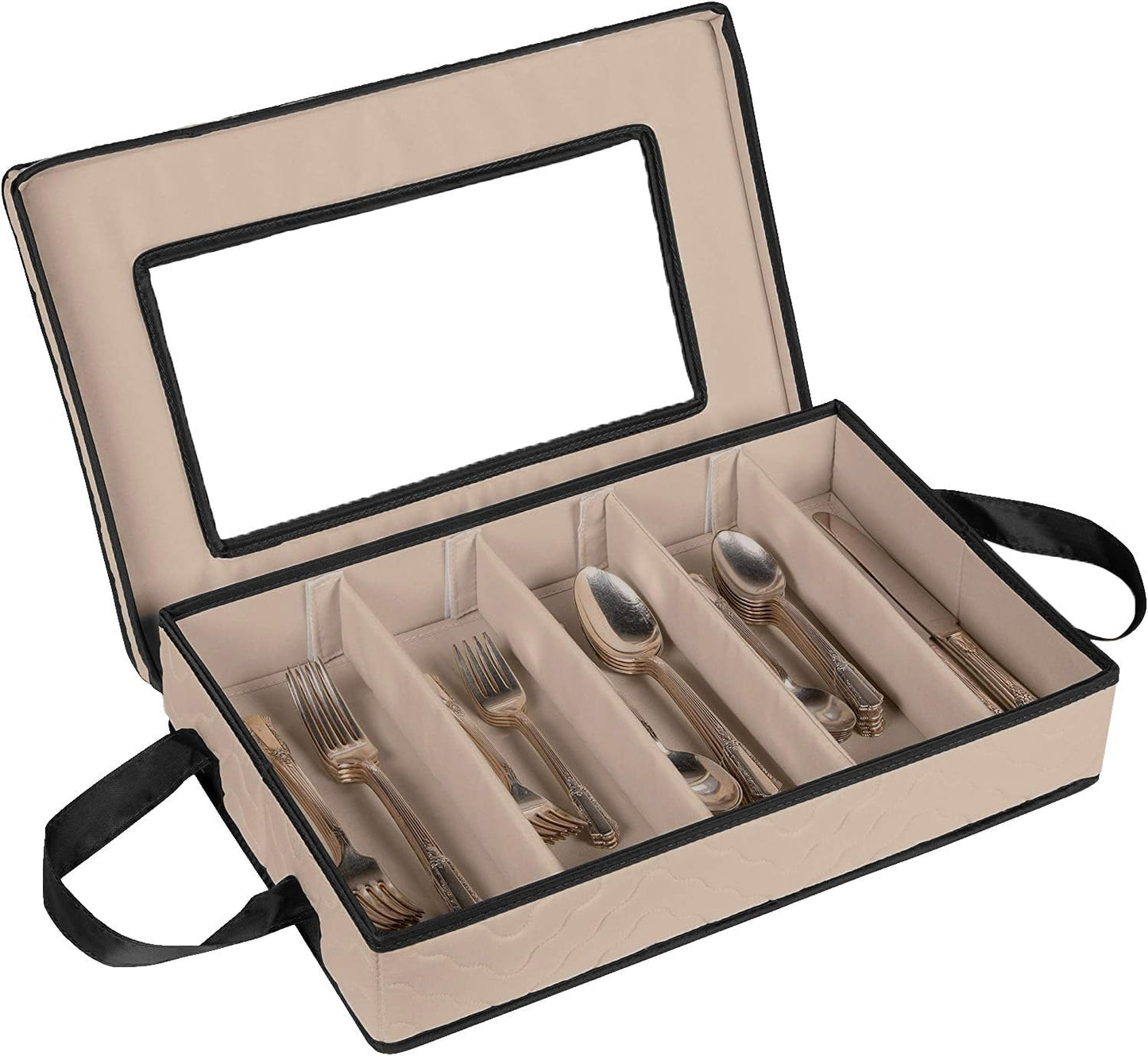 Flatware Storage Case - Durable 5 Compartment Silverware Storage Container Box with Removable Lid and Easy to Carry Handles - Large Capacity Keeps Your Cutlery Organized & Protected - Brown